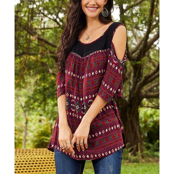 NWT SUZANNE BETRO Maroon & Black Cold Shoulder Top - Picture 2 of 5